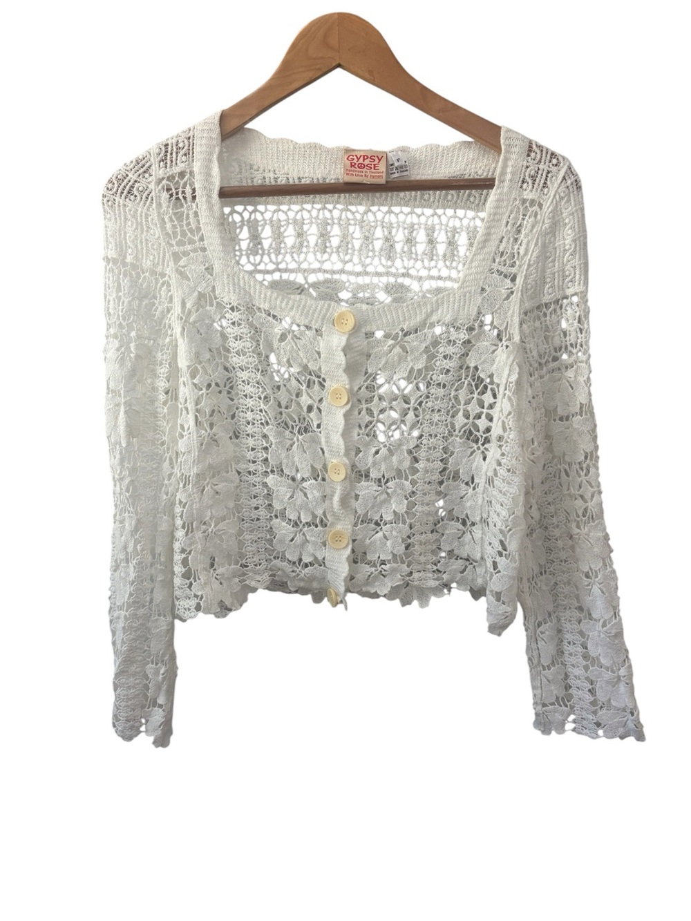 Gypsy Rose White Crochet Cardigan Floral Lace Pattern One Size Whimsy Coquette